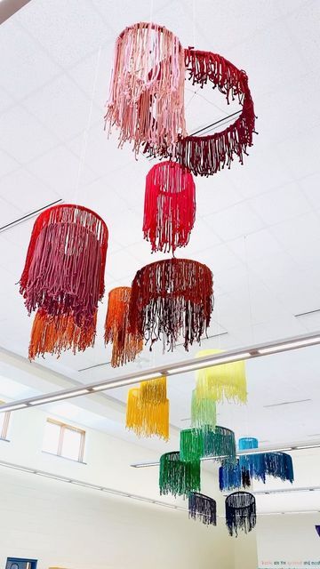 Sarah Krajewski on Instagram: "Oh you pretty things…😍😍😍 Art club made these hanging hoops from donated macrame chord and tied larks head knots around hula hoops! A little elbow grease from our custodians and art room helpers helped to make this installation come to life! 🌈🌈🌈" Dyed Macrame, Hula Hoops, Hula Hoop, Macrame Cord, Art Club, Art Room, Art School, Pretty Things, Macrame