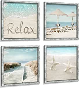 Amazon.com: Coastal Framed Wood Wall Art: Beach Picture Seascape Artwork Seaside Prints Starfish Boardwalk Art Collection Wall Decor Set of 4 for Bedroom: Posters & Prints Art Collection Wall, Seascape Artwork, Wooden Artwork, Coastal Artwork, Seascape Wall Art, Beach Picture, Beach Artwork, Coastal Beach Decor, Wall Art Beach