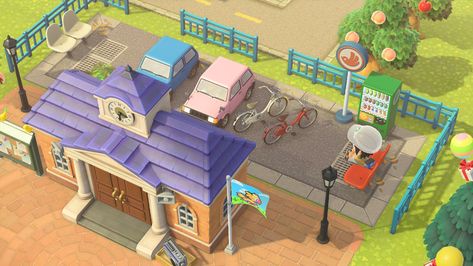 Ac Entrance Ideas, Animal Crossing Storefront Ideas, Acnh Shopping Plaza Ideas, Acnh Street Ideas, Animal Crossing Modern Island, Shopping Center Animal Crossing, Retro Transportation Stop Animal Crossing, Acnh Cars, Animal Crossing Rooftop Colors