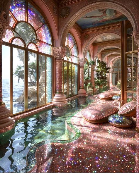 Bright Architecture, Holographic Wallpaper, Waterfall Bedroom, Mermaid House, Sara Shakeel, Gods Promise, Fairytale Houses, Royal Bedroom, Spa Girl