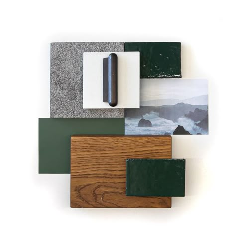 Concrete Wood Green Interior, Wood Green Palette, Green Grey Wood Bedroom, Green And Oak Colour Palette, Forest Green Interior Design Color Palettes, Green Interior Moodboard, Forest Inspired Interior Design, Grey Green Wood Color Palette, Forest Green Mood Board