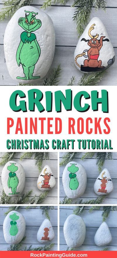 Grinch Rock Painting, Painting Ideas For Christmas, Painted Rocks Christmas, Rock Diy, Grinch Crafts, Rock Painting Supplies, Winter Holiday Crafts, Rock Painting Tutorial, Pallet Christmas Tree