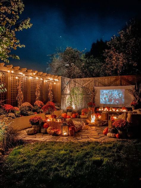 Backyard Movie Night Party, Timothy Green, Outdoor Movie Night, Fall Backyard, Halloween Movie Night, Backyard Movie Nights, Backyard Movie, Cozy Backyard, Cottages And Bungalows