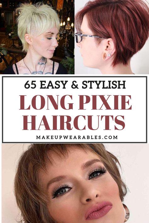 Long Pixie Haircuts Long Pixie Cut With Bangs Choppy Layers, Long Shaggy Pixie Haircut, Medium Length Pixie Haircut, Long Pixie Haircut With Bangs, Pixie To Bob Transition, Pixie Cut For Thinning Hair, Growing Out Pixie Hairstyles, Growing Out A Pixie Cut Stages, Back Of Pixie Haircut Neckline