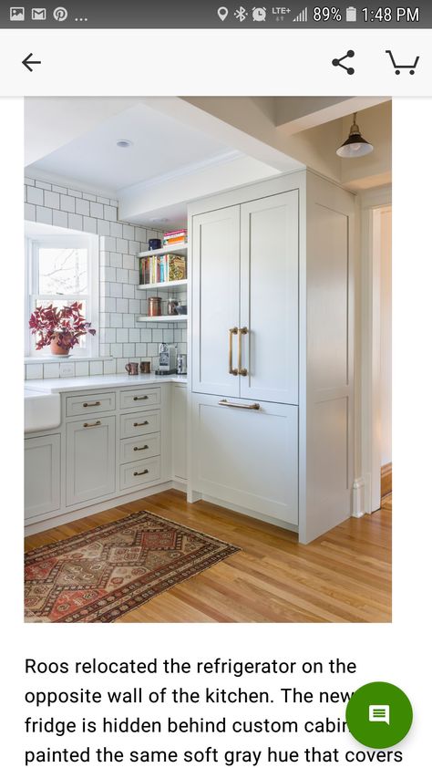 Double Door Cabinet Pantry, Fridge Near Corner Of Kitchen, Covered Fridge Doors, Fridge Covered With Cabinet, Pantry Double Door Ideas, Fridge In Corner Of Kitchen, Q4 Goals, Fridge Placement, Dog Wash Area