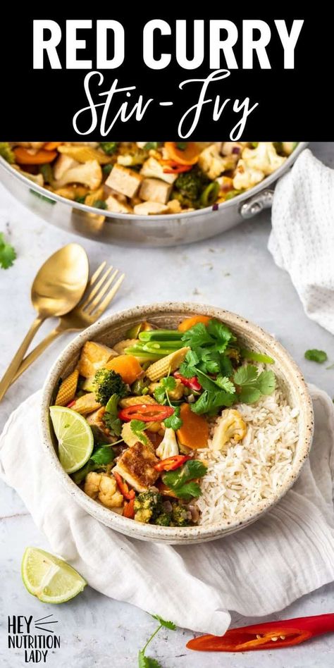 This Red Curry Stir Fry is loaded with vegetables and tofu and tossed with a simple red curry coconut sauce. Quick and nourishing, you can have this easy vegan stir fry on the table in under 30 minutes. Red Curry Stir Fry, Easy Vegan Stir Fry, Curry Stir Fry, Vegetarian Asian, Curry Coconut, Red Curry Sauce, Vegan Stir Fry, Healthy Veggie, Gluten Free Main Dishes