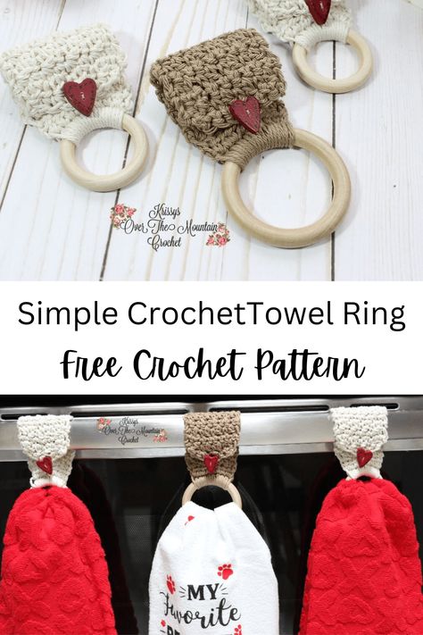 How To Crochet A Simple Towel Holder | Free Crochet Pattern - Krissys Over The Mountain Crochet Crochet Hand Towel Topper Free Pattern, Crochet Towel Ring, Crochet Towel Tops, Mountain Crochet, Crochet Dish Towels, Crochet Towel Holders, Crochet Towel Topper, Crochet Kitchen Towels, Crochet Rings