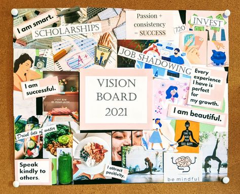 I wanted to make a positive image for myself going into 2021, so I made my first vision board. I made a goal for every aspect of my life and put it somwhere I could be reminded of those goals every morning. I hope this inspires others wanting to make a vision board as well. Family Vision Board Examples, Vision Board Placement, Couples Vision Board Examples, Quote For Vision Board, High School Vision Board Ideas, Mini Vision Board, Vision Board Ideas For Teens, Vision Board Poster Ideas, Kids Vision Board Ideas