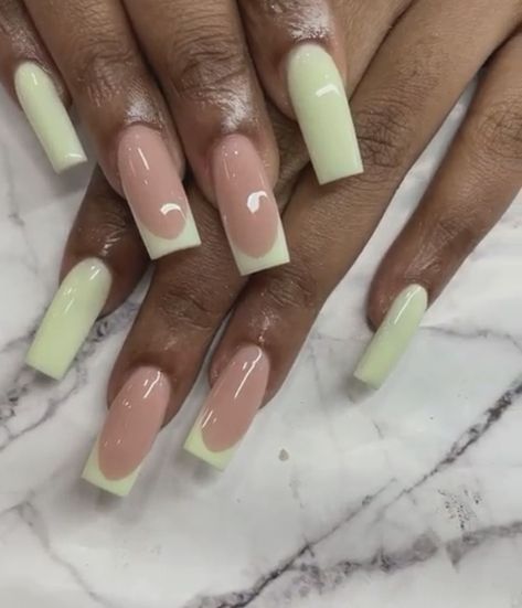 Green nails , french tip ,short nails , long nails French Tip Nails With Design For Spring, Green Nails Summer 2024, Matcha Color Nails, March Aesthetic Nails, French Tip And Solid Nails Combo, French And Solid Nails, French Tip And Solid Nails, Green And White French Tip Nails, Simple Long Square Nails