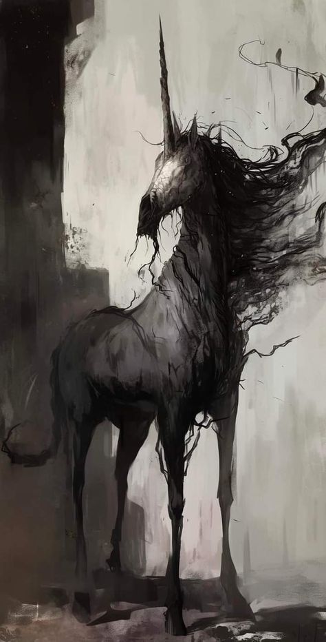 Horror Horse Art, Dnd Creepy Monster, Creepy Horse Drawing, Fantasy Creatures Art Dark, Unicorn Aesthetic Dark, Demon Unicorn, Horror Unicorn, Scary Horse, Scary Unicorn