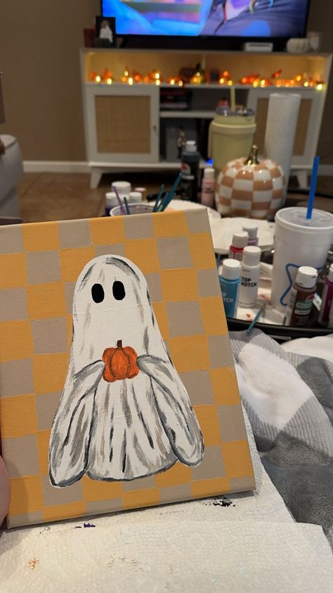 fall ghost painting cute painting idea for halloween Christmas Ghost Painting, Easy Halloween Paintings For Beginners, Easy Halloween Paintings, Paintings For Beginners, Fall Ghost, Ghost Painting, Idea For Halloween, Cute Painting, Christmas Ghost