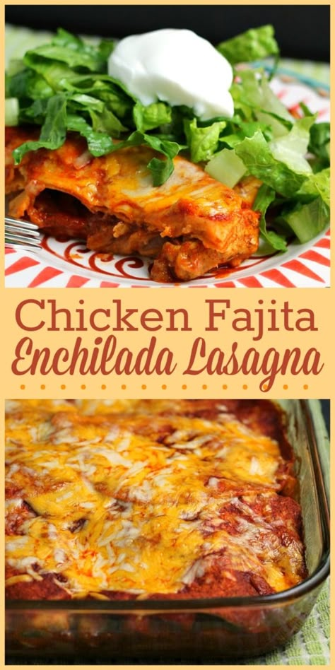 Chicken Fajita Enchilada Lasagna Recipe - The Weary Chef Mexican Casseroles, Enchilada Lasagna, Enchiladas Recipes, Mexican Lasagna Recipes, Mexican Meals, Chicken Lasagna, Chicken Fajita, Enchilada Casserole, Pan Meals