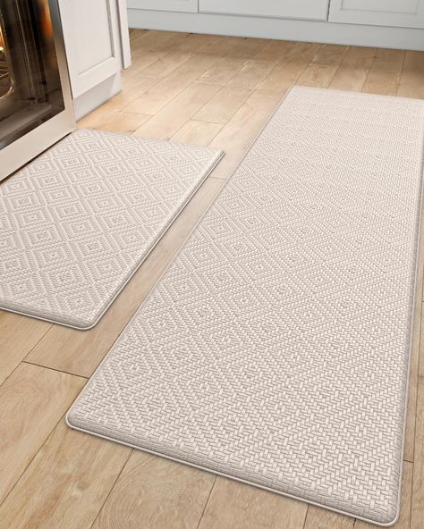 PRICES MAY VARY. KITCHEN MAT SET: Made with high-quality, non-toxic texture, our kitchen rugs and mats sets measure 17"x29" and 17"x59" are built to last, with a sturdy surface and backing that resists wear and tear from daily use. The thickness of the kitchen rugs is 0.4 inches (10mm). Please pay attention to the thickness before ordering the kitchen mats. If your pet likes to scratch and sharpen its claws, it is not recommended to buy these soft rugs. REDUCE FATIGUE: Our ergonomic cushioned ki Kitchen Floor Mat Ideas, Kitchen Mats Floor Ideas, White Kitchen Floor, Kitchen Floor Mats, Kitchen Rug Runner, Soft Rugs, Anti Fatigue Kitchen Mats, Kitchen Rugs Washable, Beige Home