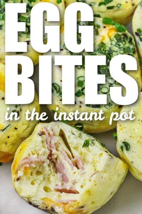 Instant Pot Egg Bites with a bite taken out of one and writing Instant Pot Egg Bites Silicone Recipes, Egg Instant Pot, Egg Bites Instant Pot, Instant Pot Egg Bites, Cheese Asparagus, Bacon And Cheese Quiche, Portable Breakfast, Ham And Cheese Quiche, Ham Breakfast