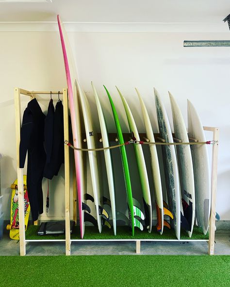 Diy Surfboard Rack, Surfboard Storage Garage, Wetsuit Storage, Big Sur House, Diy Surfboard, Surfboard Storage, Surf Rack, Garage Storage Inspiration, Surfboard Rack