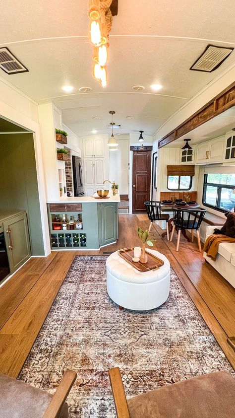 Modern Country Montana Renovation by @dwyerandco Live In Trailer, Camper Turned Into Tiny House, Camper To Tiny House Conversion, Renovated Fifth Wheel Camper, Trailer House Interior, Trailer Home Layout, Mountain Tiny House, Caravan House, Tiny House Living Room Ideas