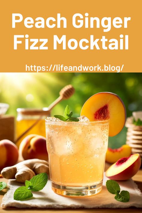 Peach Ginger Fizz: A Refreshing Mocktail for All Ages Peach Tea Mocktail, Ginger Mocktail Recipes, Peach Mocktail Recipe, Gingerale Mocktail Recipes, Ginger Beer Mocktail Non Alcoholic, Peach Sparkling Water, Ginger Mocktail, Fizz Mocktail, Refreshing Mocktail