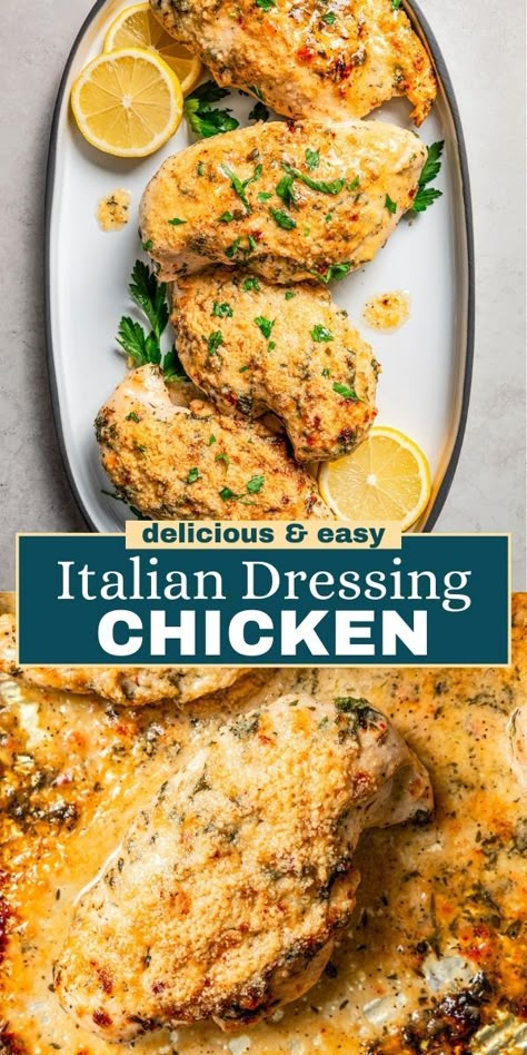 You'll love this juicy, flavorful Italian dressing chicken. Chicken breasts are marinated in zesty Italian dressing, creamy mayo, and herbs, baked, and finished with bubbly, melty parmesan cheese. Zesty Italian Dressing Chicken, Baked Chicken Recipes Italian Dressing, Chicken Baked In Italian Dressing, Italian Dressing Parmesan Chicken, Zesty Italian Chicken Baked, Italian Dressing Recipe Chicken, Chicken Breast Marinade Recipes Baked, Chicken Recipes With Italian Dressing, Italian Dressing Chicken Recipes