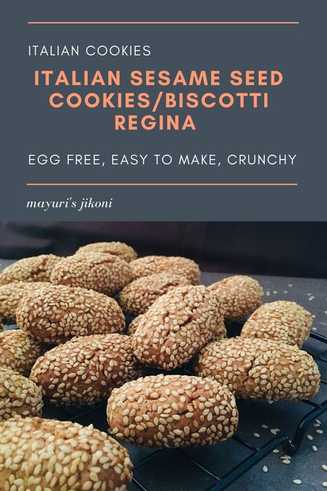 Originally known as Biscotti Regina, these Italian Sesame Seed Cookies are crunchy from the outside, with cake like inside and perfect to dunk in your coffee. Or enjoy them as dessert or snack. #cookies #homebaked #italiancookies #eggfreebaking #sesameseeds #lemonzest #honey Sesame Seed Cookies Recipe, Italian Sesame Seed Cookies, Sesame Seed Cookies, Sesame Seeds Recipes, Snack Cookies, Cookies Italian, Seed Cookies, Sesame Cookies, Italian Foods