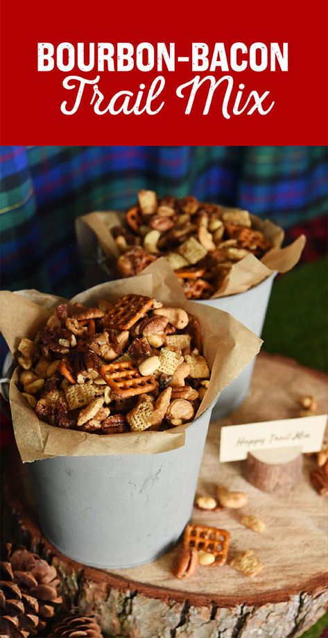 Bacon Bourbon Snack mix Snacks For Work Party, Whiskey Tasting Party, Bacon Party, Derby Party Food, Bourbon Bacon, Kentucky Derby Party Food, Beer Tasting Parties, Beer Snacks, Trail Mix Recipes