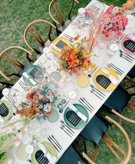 Outdoor Dinner Party, Martha Weddings, Wedding Tablescape, Rainbow Wedding, Outdoor Dinner, Rental Decorating, Long Table, Deco Floral, Wedding Tablescapes