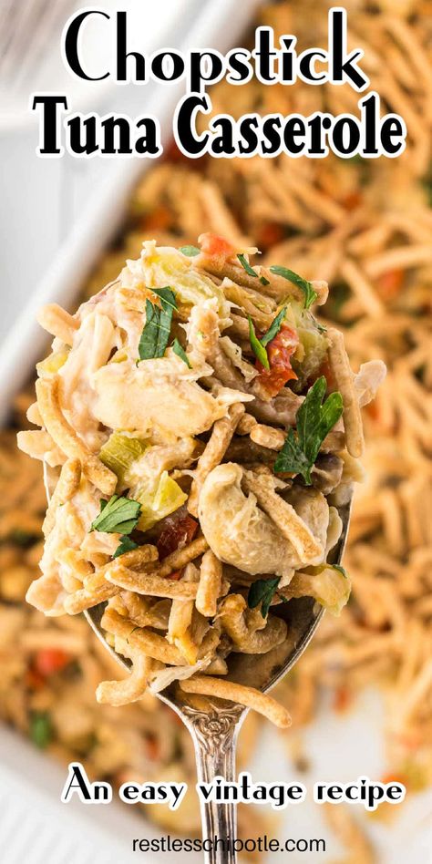 Chopstick tuna casserole is a vintage recipe that was popular in the 1950s and 1960s. Tuna, crunchy chow mein noodles, buttery cashews, sweet bell peppers, onions, and celery are all mixed together with cream of mushroom soup and baked. It's a simple hot dish that's easy on the budget and a snap to put together. Tuna Chow Mein Casserole, Tuna Wiggle Recipe, Chopstick Tuna Casserole, Tuna Noodle Casserole No Soup, Tuna Noodle Casserole No Peas, Campbells Tuna Noodle Casserole Easy, Best Tuna Casserole, Ricotta Stuffed Chicken, Tuna Noodle Casserole Recipe