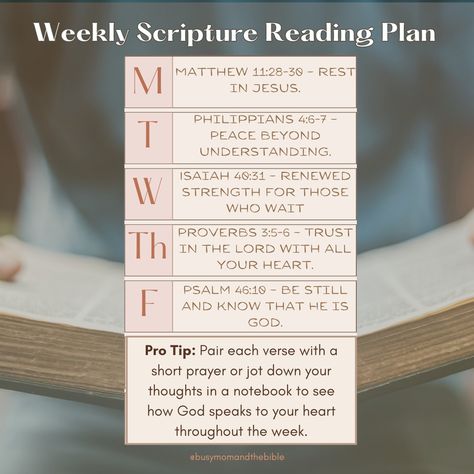 🌟 Weekly Scripture Reading Plan: Finding Strength and Peace 🌟 Hey friends! Let’s start this week by grounding ourselves in God’s Word. Here’s a simple, 5-day Scripture reading plan to encourage your heart and guide your faith this week. Take a few quiet moments each day to reflect and connect with Him. 💕📖 📅 Monday: Matthew 11:28-30 – Rest in Jesus. 📅 Tuesday: Philippians 4:6-7 – Peace beyond understanding. 📅 Wednesday: Isaiah 40:31 – Renewed strength for those who wait. 📅 Thursday: Proverbs... Scripture Reading Plan, Weekly Scripture, Matthew 11 28 30, Bible Studying, Finding Strength, Short Prayers, Isaiah 40 31, Bible Study Tips, Scripture Reading