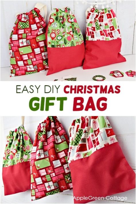 See how to make a diy gift bag - in minutes! These will become your favorite Christmas gift bags. This easy Christmas gift pouch can be used for all your handmade Christmas gifts, and they are so quick to sew! Check it out now! #freepattern #christmasspattern #diygiftbag #diyholidays #diydrawstringbag Diy Drawstring Gift Bag, Diy Gift Bag, Mason Jar Gift, Sewing Christmas Gifts, Sewing Christmas, Patchwork Diy, Sewing Patchwork, Easy Diy Christmas Gifts, Christmas Sewing Projects