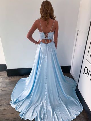 Blue Lace Prom Dress, Lace Prom Dresses, Spaghetti Strap Prom Dress, Lace Formal Dress, Line Light, Blue Evening Dresses, Prom Dresses Lace, Evening Gowns Formal, Long Prom Dress