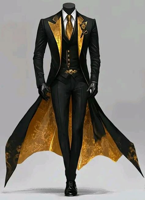 Spanish Suits For Men, Tail Suits For Men, Black Wizard Robes, Stylish Prom Outfits Men, Suits Fantasy Male, Black Suit Concept Art, Fantasy Fancy Clothes Male, Men’s Historical Fashion, Dark Wedding Groom