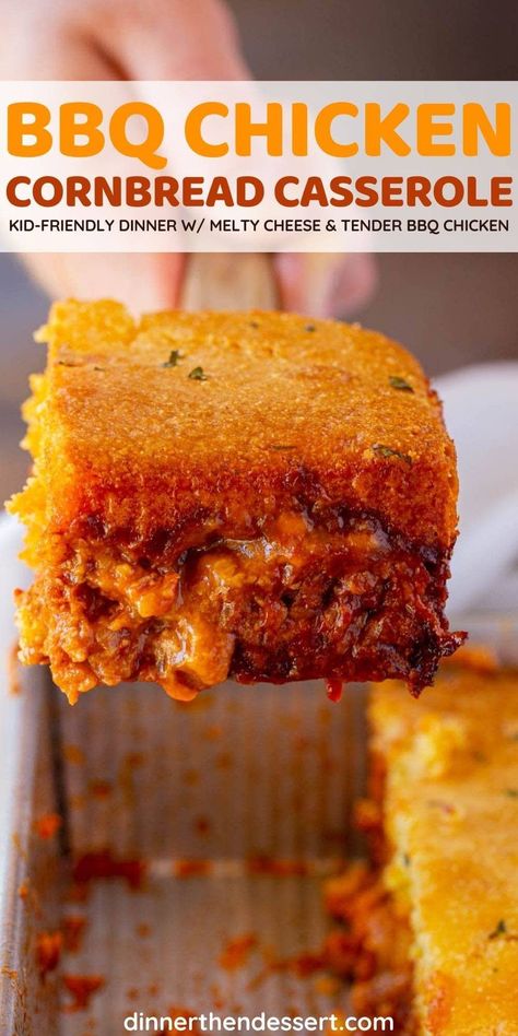 BBQ Chicken Cornbread Casserole is an easy kid-friendly dinner ready in 1 hour! Tasty bbq chicken filling topped with cheddar cheese and homemade cornbread. #dinner #casserole #bbqchicken #dinnerthendessert Buffalo Chicken Cornbread, Bbq Family Dinner Ideas, Chicken And Cornbread Recipes, Bbq Cornbread Casserole, Big Casserole Recipes, Dishes With Cornbread, Easy Dinners For New Moms, Dinner With Cornbread Side, Bbq Chicken Cornbread Casserole