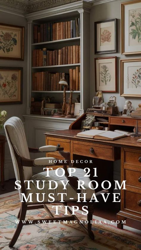 Explore essential design tips in our latest blog, 'Study Room Design: 21 Must-Have Tips for Functional Decor', where we guide you through creating a study space that is as stylish as it is practical. Learn how the right design can enhance both productivity and creativity. #homedecor #interiordesign #studyroom #studyroomdesign Roll Top Desk Styling, Home Study Decor, Home Office Academia, Moody Study Interior Design, Moody Feminine Office, Light Academia Home Office, Bedroom And Study Room Design, Study Room Decor Vintage, Moody Study Room