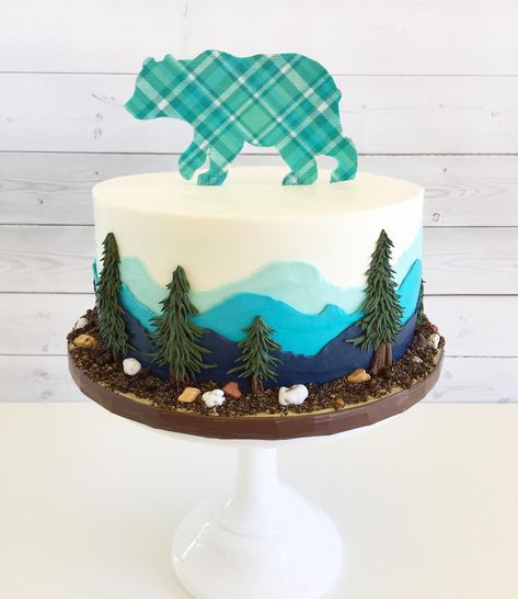 Winter Cakes Birthday, Mountain Cake, Mountain Scape, Baby Shower Cakes For Boys, Shower Desserts, Baby Shower Desserts, Winter Cake, Adventure Theme, Boy Birthday Cake