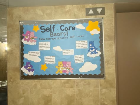 Self Care Bear Bulletin Board, Care Bear Bulletin Board, Inspirational Bulletin Boards, College Bulletin Boards, Ra Themes, School Nurse Office, Work Bulletin Boards, Ra Bulletins, Ra Boards