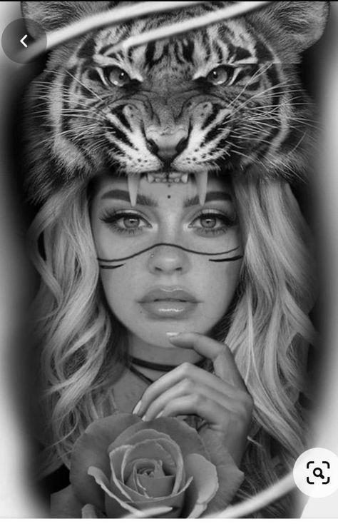 Native American Feather Tattoo, Tiger Woman, Tiger Head Tattoo, Headdress Tattoo, Tattoo Tiger, Face Tattoos For Women, Native American Tattoos, Native Tattoos, Girl Face Tattoo