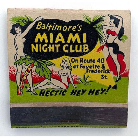 Vintage matchbook from Baltimore"s Miami Night Club. 3 dimensional matchbook is mounted inside a black shadowbox frame with glass. From the collection of Edward J. Maleski. Frame will stand on its own if you choose not to hang. Matches have been removed. Additional framed matchbooks available in my Chairish shop. Miami Night Club, Miami Night, Matchbook Art, Matchbox Art, Commercial Art, Vintage Graphic Design, Baltimore Md, Art Prompts, Shadowbox Frame