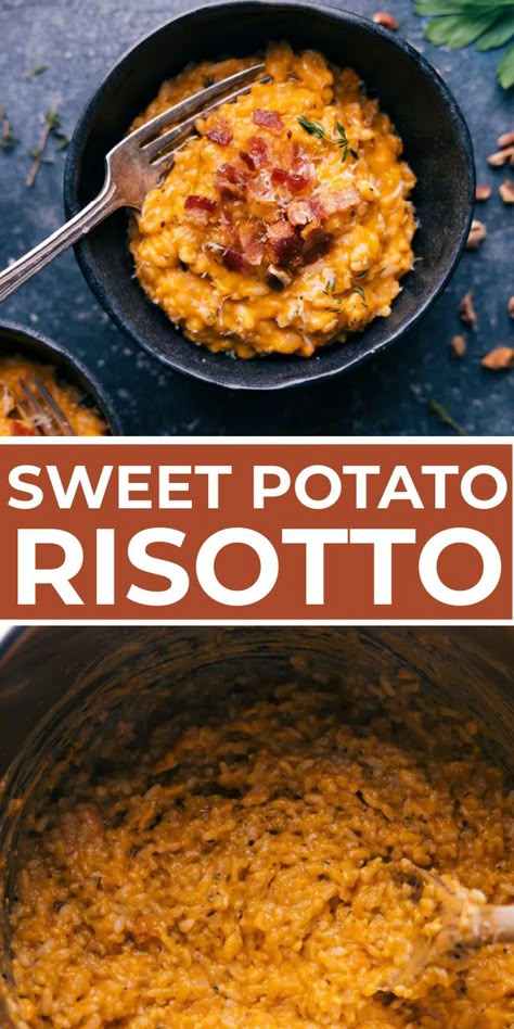 Rice With Sweet Potato, Sweet Potato Risotto Recipes, Sweet Potatoes And Rice, Sweet Potato Rice Recipes, Sweet Potato Ricotta, Breakfast Risotto, Rice And Sweet Potato, Curry Risotto, Potato Risotto