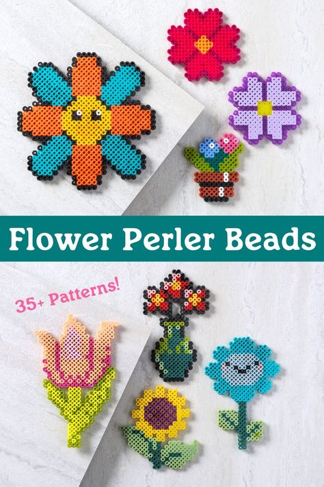 If you love pretty florals, get over 35 free and easy patterns for flower perler beads! Get roses, sunflowers, daisies, and more. These are great for spring, summer, Mother’s Day, and more. Flower Pattern Beads, Peeler Bead Flower, Perler Flower Patterns, Spring Perler Bead Patterns, Fused Beads Patterns, Pearl Bead Patterns, Perler Bead Daisy, Perler Bead Flower Patterns, Hama Beads Flower