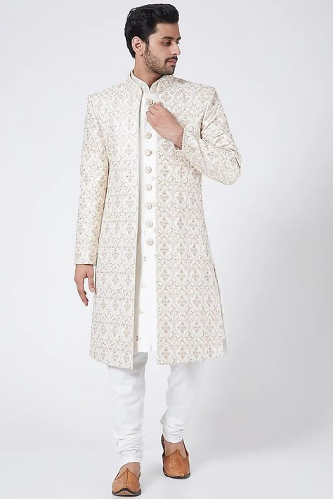 Mens Nikah Outfit, Nikah Outfit For Groom, Bundy Kurta Set For Men, Off White Sherwani Grooms, Latest Sherwani Designs For Groom, Machine Work Embroidery, Open Sherwani, Western Outfits For Men, Embroidery Dress Designs