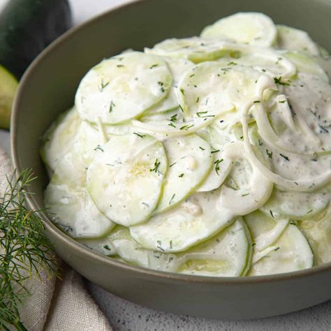 Cucumbers, sour cream, and dill are a match made in heaven! These old fashioned Sour Cream Cucumbers are the perfect summer side dish. Mini Cucumber Sandwiches, Ramen Cabbage Salad, Simple Cucumber Salad, Cucumber Salad Vinegar, Dill Salad, Make Sour Cream, Cucumber Dill Salad, Creamed Cucumbers, Cucumber Dill