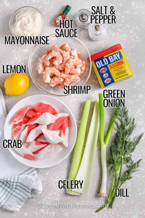 This refreshing and delicious seafood salad recipe is light, zesty, and perfect for summer events! Shrimp, crab, and crunchy celery are tossed in a creamy dressing with Old Bay, lemon juice, and a dash of hot sauce. It's incredibly versatile too. Add some pasta or other ingredients to mix it up. You'll always have new ways to enjoy this simple salad. #spendwithpennies Easy Seafood Salad, Seafood Crab Salad, Best Seafood Salad Recipe, Seafood Salad Sandwich, Crab Dressing Recipe, Seafood Salad Recipe With Crab Shrimp, Imation Crab Salad Recipes, Seafood Salad Recipe With Crab, Imitatation Crab Salad Recipe