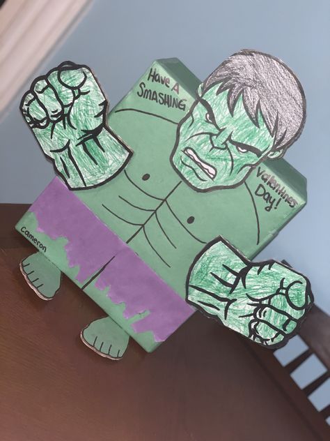 Hulk Valentine Box Ideas, Hulk Valentines Boxes, Kids Valentine Boxes, Valentine Boxes, Valentines Box, Valentine Treat, Valentine Mailbox, Kid Snacks, Purple Paper