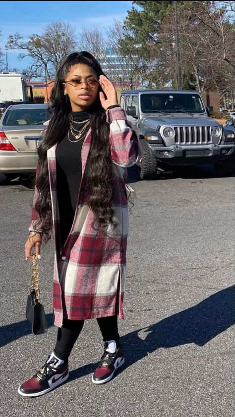 Jumpsuit And Shacket Outfit, Flannel And Jordans Outfit, Winter Outfits With Dunks, Plaid Jacket Outfit Black Women, Shacket Outfits Women, Flannel Jacket Women's Outfit, Jordan 1 Outfit Women Fall, Shaket Outfits For Women, Flannel Shacket Outfit