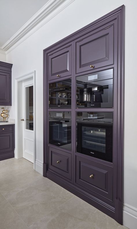 Dark Classic Kitchen | Tom Howley Grey And Purple Kitchen, Dark Purple Kitchen Cabinets, Purple And Green Kitchen, Dark Purple Kitchen, Kitchen Cabinets Makeover Colors, Purple Kitchen Ideas, Tom Howley Kitchen, Purple Kitchen Walls, Purple Kitchen Cabinets