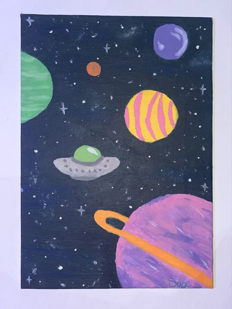 Planet Canvas Painting Easy, Simple Space Painting Ideas, Space Art Simple, Space Art Easy, Ufo Painting Easy, Planet Painting Easy, Space Drawings Easy, Space Painting Easy, Canvas Painting Space