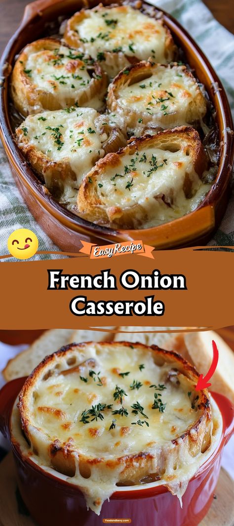 Savor the rich flavors of French Onion Casserole. Caramelized onions, crusty bread, and melted cheese come together in this hearty dish that transforms the classic soup into a comforting bake. Ideal for a cozy dinner. #FrenchOnion #CasseroleDish #CheesyGoodness Heavenly Onion Casserole, French Onion Soup For A Crowd, French Onion Cauliflower Bake, Baked French Onion Soup, Onion Casserole Vidalia, Onion Casserole Recipes, French Onion Soup Casserole, Onion Soup Casserole, French Onion Mac And Cheese