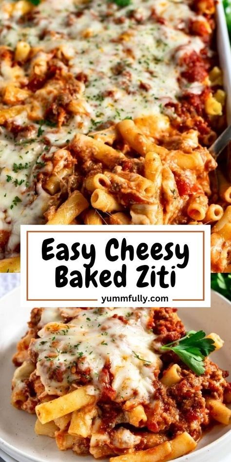 This Easy Cheesy Baked Ziti casserole gives the impression you’ve been cooking all day when in reality it’s very easy to make. Using Italian sausage as well as ground beef gives the sauce a depth of flavor, and a pinch of cinnamon makes it taste special. Ricotta, Parmesan, and mozzarella cheese give the perfect balance of savory and creamy! Cheesy Baked Ziti, Pasta Cheese, Ziti Recipe, Sausage Dinner, Pasta With Meat Sauce, Ziti Pasta, Ziti Recipes, Baked Ziti Recipe, Recipe Pasta