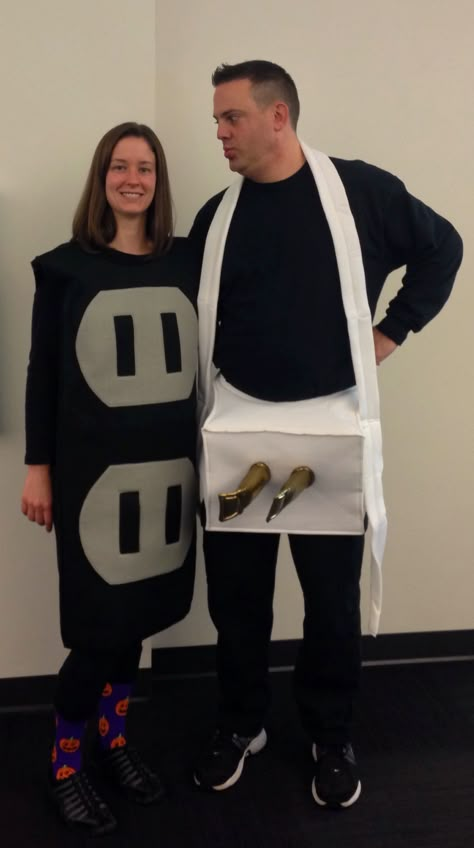 Ashels and I nailed it. Plug and Outlet. Funny Couples Halloween Costume Plug And Outlet Costume, Halloween For Couples Costumes, Tampon Halloween Costume, Halloween Costumes Easy Couples, Funniest Couple Costumes, Weird Couples Costumes, Couple Costumes For Halloween Funny, Funny Partner Costumes, Partner Halloween Costumes Couple