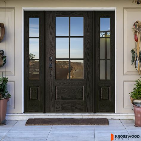 Front Door With White House, Modern Craftsman Front Door, Black Farmhouse Front Door, Front Door Privacy Glass Ideas, New Front Door Ideas, Large Front Doors Entrance, Entryway Doors Exterior, Wood Look Front Door, Modern Farmhouse Exterior Door