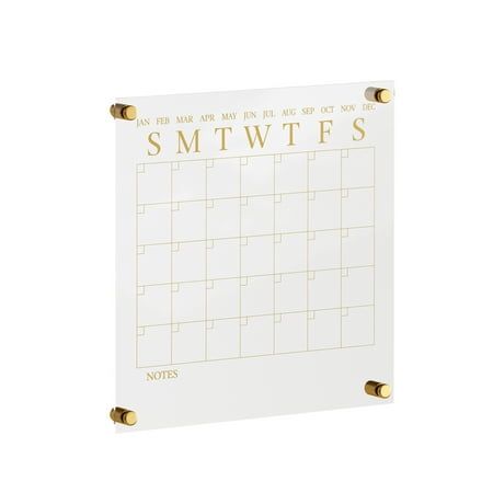 Organize your life and your desktop with the Martha Stewart Acrylic Monthly Wall Mounted Calendar. The upgradeed edges eliminate the need for a frame while the included mounting hardware gives a dimensional appearance for a chic statement anywhere in your home. Comprised of premium crystal clear acrylic for enhanced strength and overall brightness, this wall planner is scratch-resistant and waterproof for long-lasting use. Supplemented with a monthly blocked calendar available in 2 printed colors and a dry erase marker for adding important dates that can be wiped clean with a dry cloth and repopulated at the start of each new month. Size: 14" x 0.15" x 14".  Color: Gold. Acrylic Wall Calendar, Office Wall Organization, Dry Erase Wall Calendar, Block Calendar, Dry Erase Wall, Marker Board, Desk Organizer Set, Dry Erase Calendar, Organized Desk Drawers